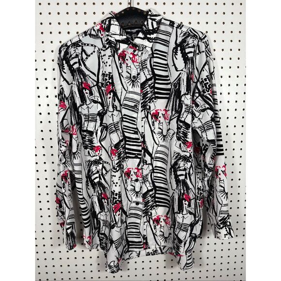 Karl Lagerfeld Fashion Diva print button down blouse size S oversized - Picture 1 of 4